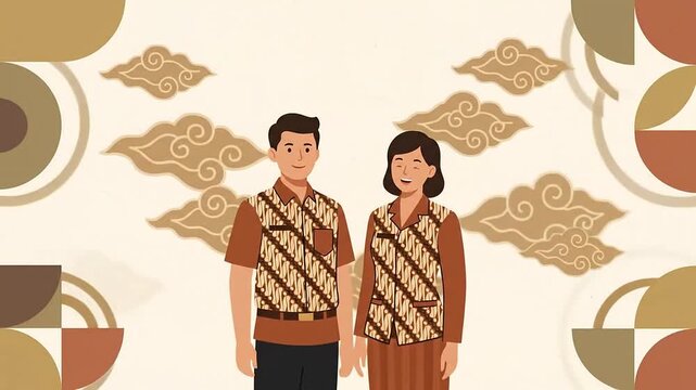 Animated Indonesian civil servant couple wearing batik uniforms standing together against traditional background