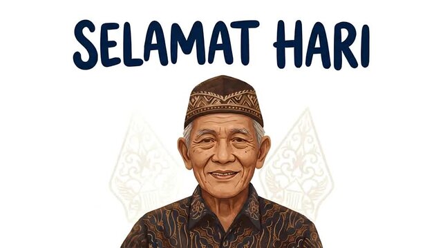 Animated Portrait of Smiling Elderly Indonesian Man in Batik and Peci