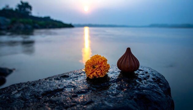 Peaceful Lake at Sunset with Marigold Flower and Ganesh Visarjan Offering on Rock