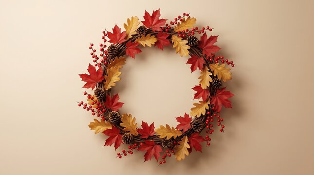Decorative autumn wreath made of colorful fall leaves hanging on a plain neutral beige wall background