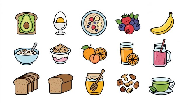 Set of colorful hand drawn breakfast food icons including fruits bread eggs cereal smoothie and healthy morning drinks