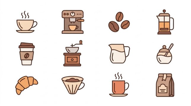 A collection of colorful flat line icons representing various coffee brewing methods equipment and delicious cafe breakfast food items