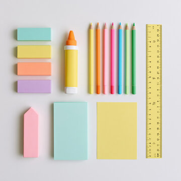Colorful eraser glue pencil ruler stationery flat lay on pastel background, creative school supply arrangement for student study, learning, education and back to school season