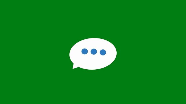 Minimalist animation of a white speech bubble with blue dots indicating a typing state or chat conversation, isolated on a green screen background for easy chroma key compositing.