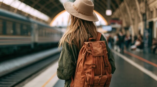 Woman traveler with hat and large backpack standing on train platform waiting for train in busy station with blurred background and arches