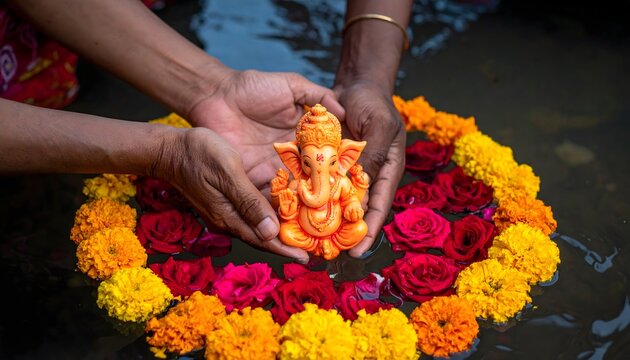 Ganesh Visarjan Ritual with Hands Holding Ganesha Idol Surrounded by Colorful Flower Garland in Water