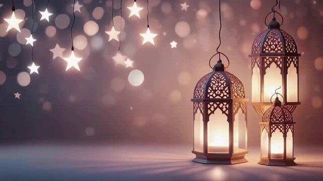 Ramadan lanterns with glowing lights and stars