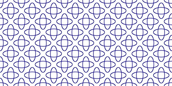 Crisp and airy geometric textile design. Clean dark blue lines create a continuous, rhythmic network of interwoven ovals on a bright white canvas. 