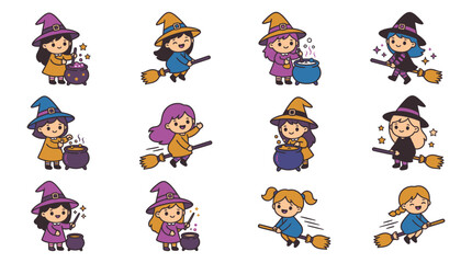Fototapeta premium Whimsical witch girl illustrations practicing magic and riding brooms for festive halloween party decorations and prints.