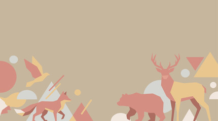 Fototapeta premium Vector illustration of diverse animals and geometric shapes in a flat design style, suitable for nature themes.