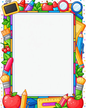 Colorful school frame cartoon border back to school blank white page education background cute stationery classroom supplies kids poster playful design for first day memory note
