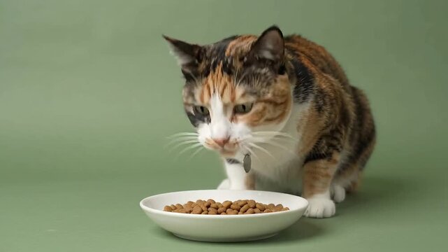 Calico Cat Chewing Dry Food From White Plate On Green Backdrop