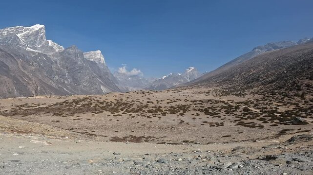 The landscape in Sagarmatha national park while trekking on the way from Dingboche village to Lobuche village in Nepal.