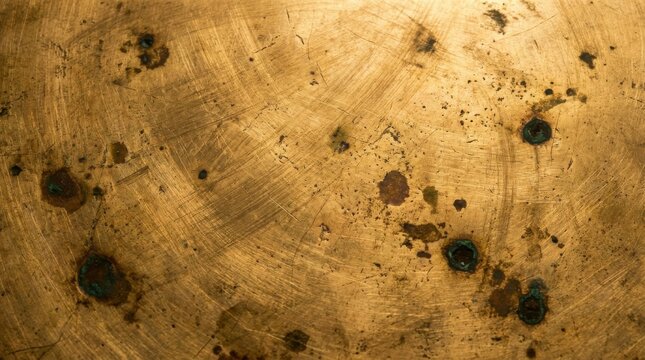 A closeup texture of a weathered brass metal surface with scratches and dark oxidation spots