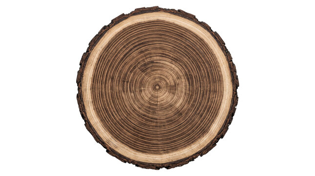 Rustic wood cross section with growth rings, circular timber log slice with rough bark, natural brown wooden stump texture for carpentry and design isolated PNG with Transparent Background