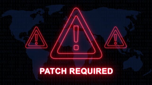 Cybersecurity alert concept featuring glowing red neon warning triangles and digital map background, with bold patch, required text for, software vulnerability, system, update, and network,