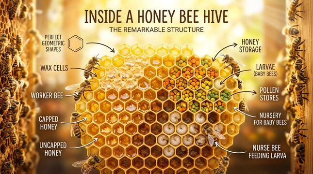 Inside a Honey Bee Hive Infographic - Detailed Honeycomb Structure with Worker Bees Larvae and Pollen Storage