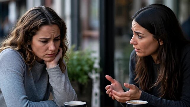 Distressed woman talks with supportive friend in cafe, emotional support concept for mental health counseling