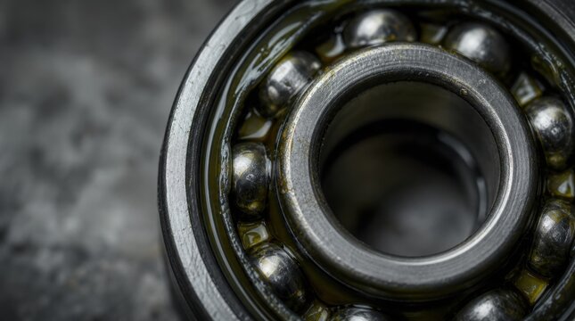 Close-up of a metallic ball bearing showing multiple steel balls inside a circular casing, highlighting industrial precision and mechanical detail.