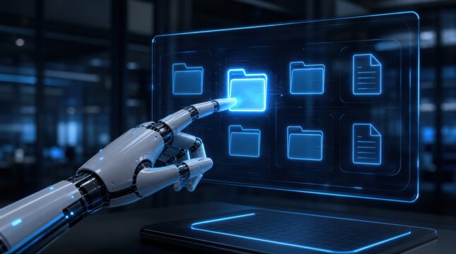 A robotic hand interacts with a futuristic holographic interface displaying digital folders and files in a high-tech environment.
