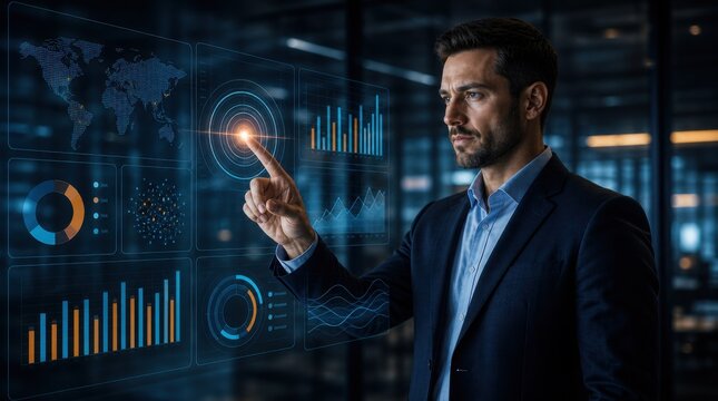 A businessman interacts with futuristic digital data displays, analyzing charts and global statistics in a high-tech office setting.