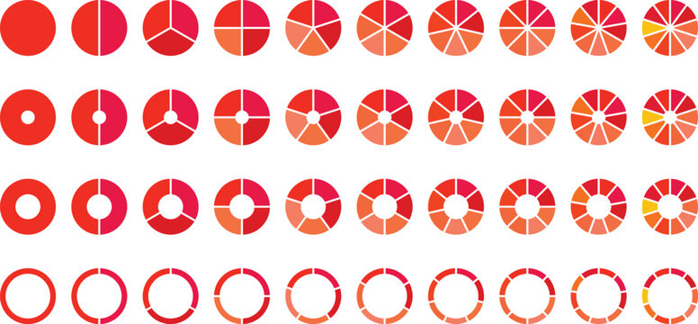 Circle section graph. Pie charts diagrams. Set of different color circles isolated. Infographic element round shape. Pie chart divided 3, 4, 5, 6, 7, 8, 9, 10, 11, 12 equal parts. Vector illustration.