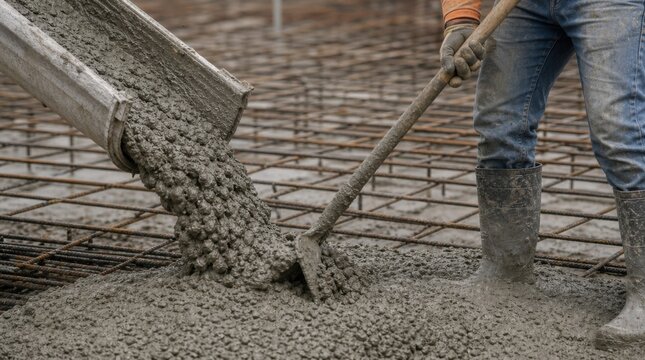 Wet concrete is being poured onto a metal rebar framework, with a worker using a tool to spread and level the mixture on a construction site.