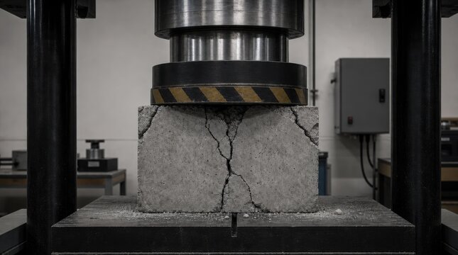 A concrete block is being crushed under a hydraulic press, showing clear cracks and structural failure in a laboratory or industrial testing environment.