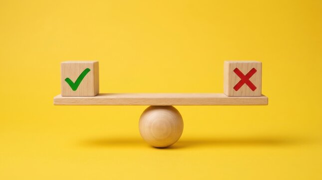 Wooden scale balancing check mark and cross mark symbols