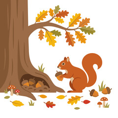 Cute red squirrel holding an acorn near a hollow oak tree trunk storing nuts for winter vector illustration. Autumn forest scene with falling oak leaves and mushrooms isolated on white background. © Adi