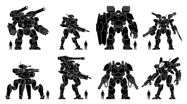 Futuristic sci-fi combat robot and mech silhouette set.
