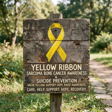 Yellow Ribbon Awareness Sign In Nature Setting For Cancer And Suicide Prevention
