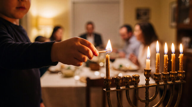 A young boy lights a candle on a golden menorah during a Hanukkah celebration with his family gathered at a dinner table in a blurred background.