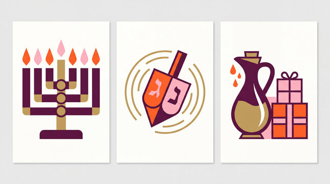 A set of minimalist flat vector illustrations representing Hanukkah symbols, including a menorah, a spinning dreidel, and an oil jug with gift boxes.