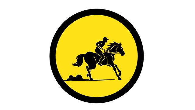 Silhouette of a jockey and horse in full gallop. Motion of dust. Black and white vector illustration for a race logo