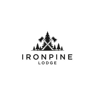 Corporate Logo Design for Ironpine Lodge Featuring Black and White Forest Themed Axes and Trees