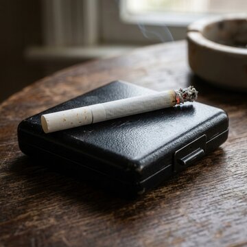 Smoldering Cigarette On A Black Case Illuminated By Soft Light