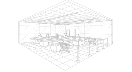 Fototapeta premium Corporate Self Service Checkout Kiosks Layout in Modern Warehouse or Retail Space with Shopping Carts Monitors and Conveyor Belts
