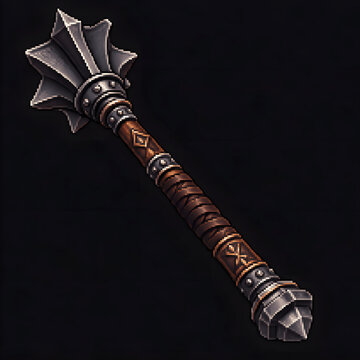 A detailed medieval mace featuring a heavy flanged metal head, engraved wooden handle, and dark leather grip.