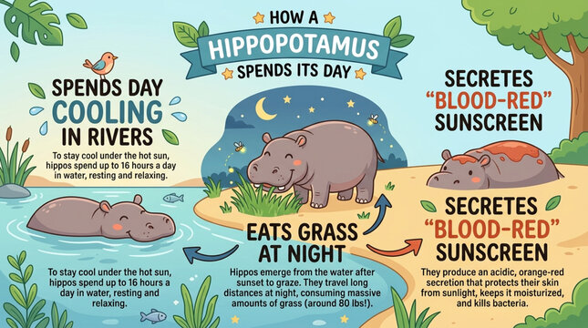 Educational Infographic Showing Hippopotamus Daily Routine and Fun Facts Cartoon Illustration
