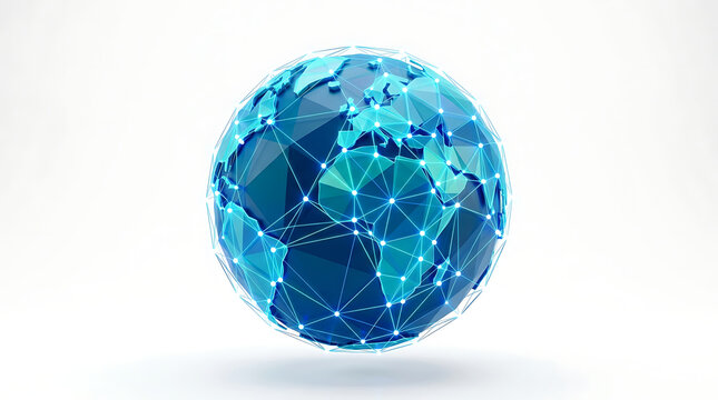 Low poly globe sphere with interconnected network lines on white background