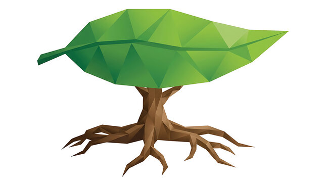 Low poly tree with visible roots against a white background