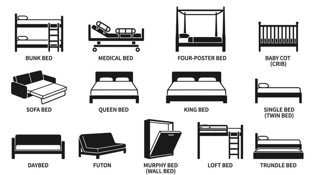 Diverse collection of bed furniture icons including medical four poster king and wall beds.