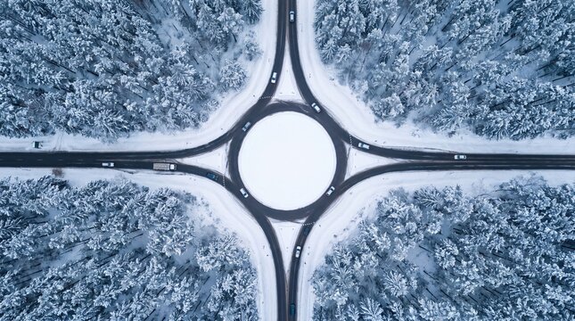 Aerial view of a snowy roundabout intersection in a pine forest during