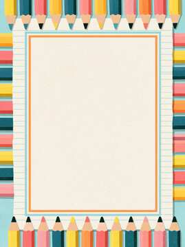 First day of school sign minimalist school themed pastel pencil border colorful stationery frame lined paper background classroom poster design cute education template kids writing sheet playful