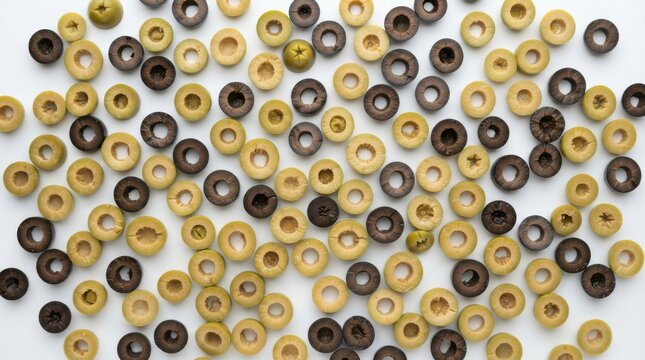 Many sliced green and black olives scattered on white background