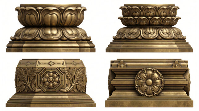 Collection of carved temple pillar bases with lotus cushions, floral panels, stepped plinths and symmetrical ornamental relief