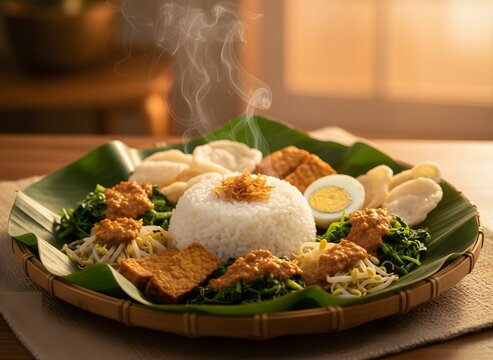 Steaming Indonesian nasi pecel breakfast with fresh vegetables and peanut sauce served on a banana leaf in warm golden sunrise light
