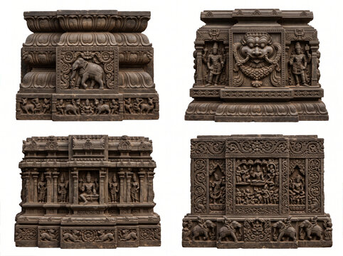 Carved temple relief panels featuring floral borders, ornamental figures, geometric framing and detailed architectural surface patterns