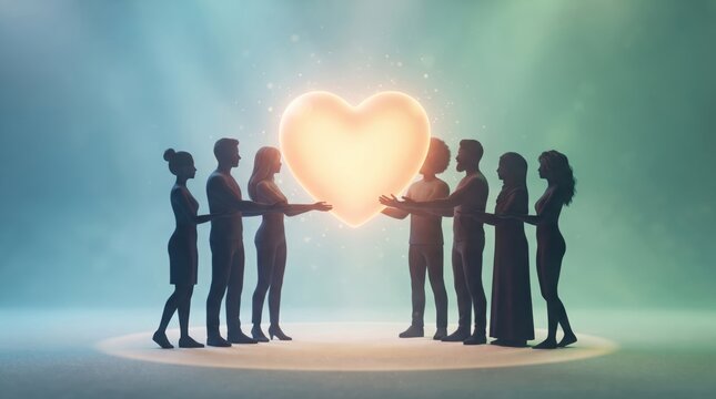 Diverse group of people standing in a circle supporting a large glowing heart symbol with community cooperation connection collaboration togetherness silhouette